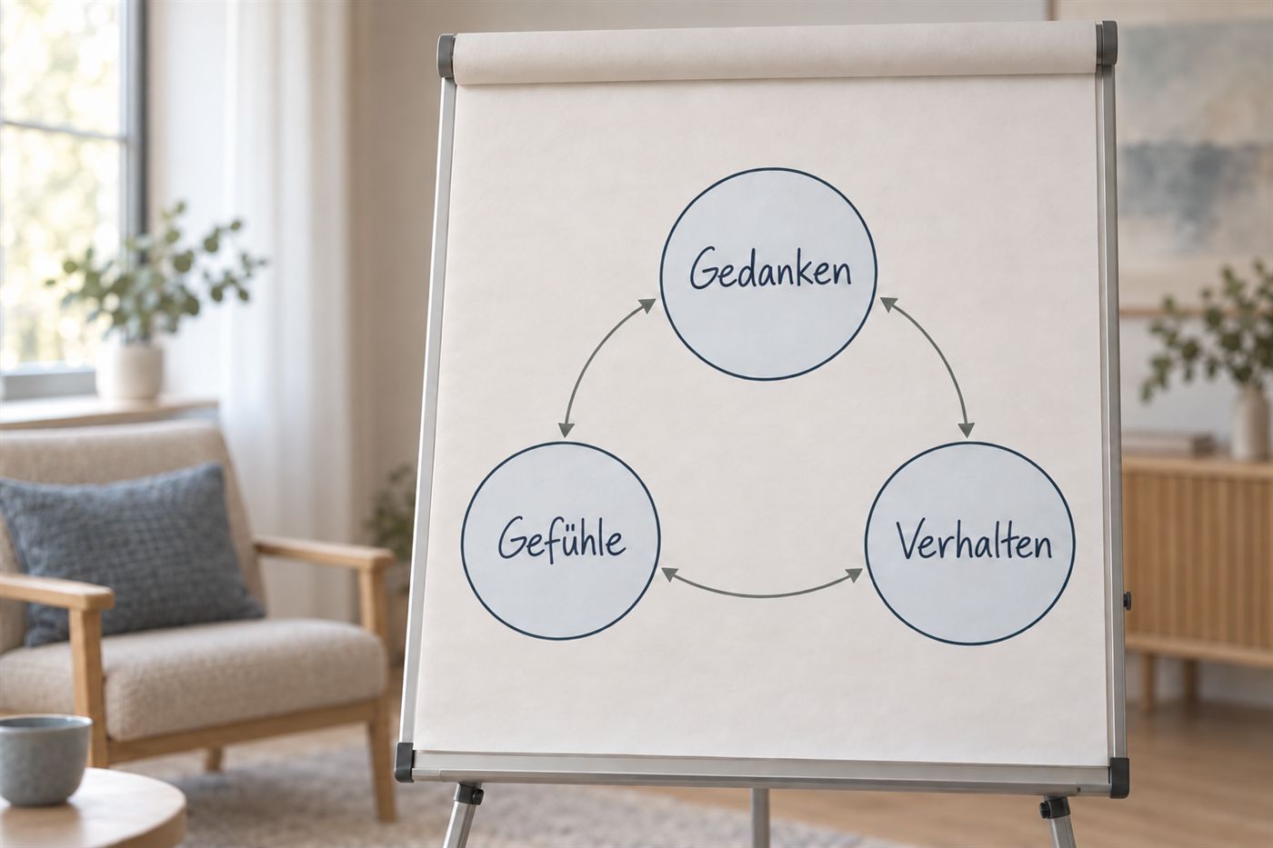 Flipchart mit den Begriffen Gedanken, Gefühle und Verhalten, verbunden durch Pfeile, die zeigen, dass sie sich gegenseitig beeinflussen
